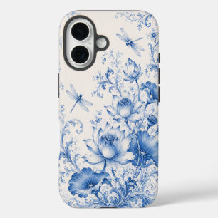 iPhone 16 Funda de teléfono Blue Chinoiserie Lotus Dragonfly