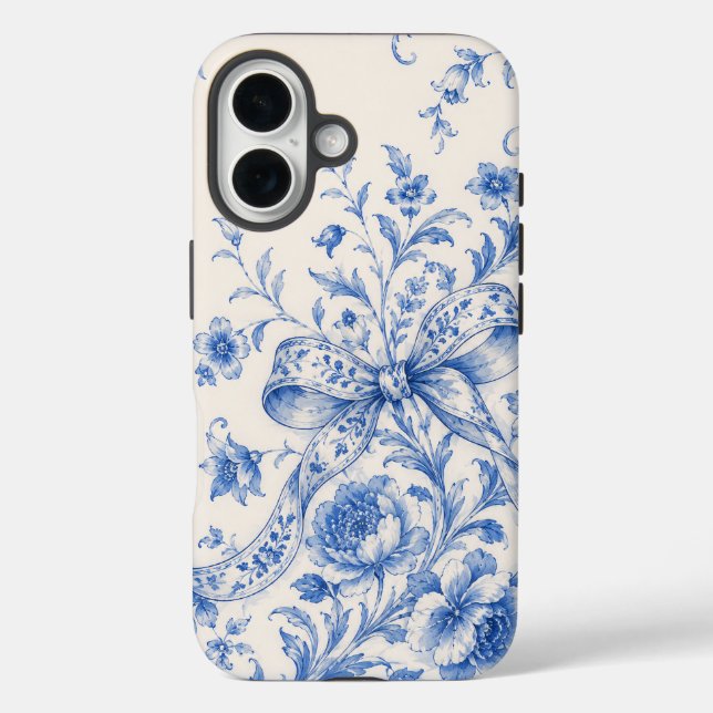 iPhone 16 Funda de teléfono con cinta de toile floral azul y (Reverso )