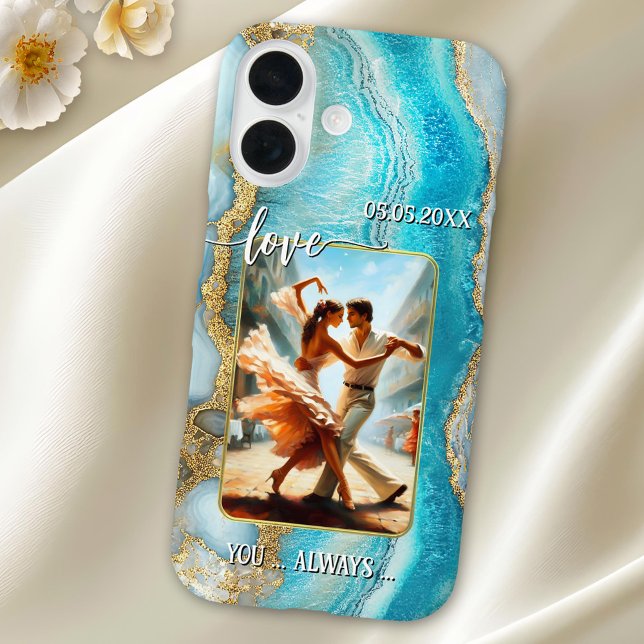iPhone 16 Funda de teléfono con foto de baile de boda de geo (Phone case featuring your custom (dance) photo (optional) on a turquoise geode abstract design)