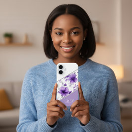 iPhone 16 Funda de teléfono con monograma floral púrpura par