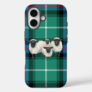 iPhone 16 Funda de teléfono con ovejas escocesas sobre fondo