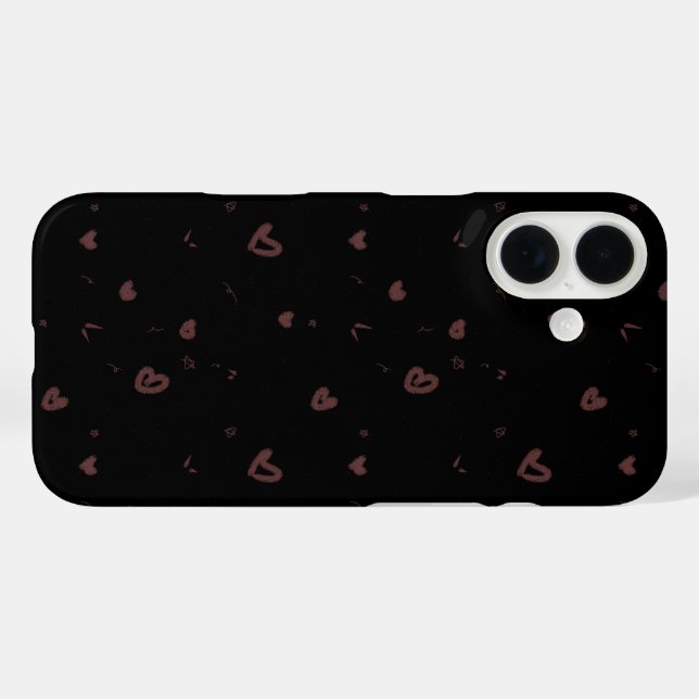 iPhone 16 Funda de teléfono con patrón de corazones marrones (Reverso (Horizontal))