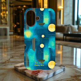 iPhone 16 Funda de teléfono de arte geométrico azul verde y 