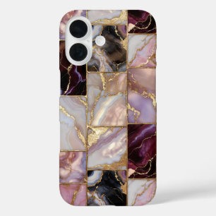 iPhone 16 Funda de teléfono de baldosas de mármol rosa púrpu