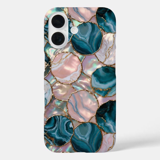 iPhone 16 Funda de teléfono de círculos de mármol rosa verde (Reverso )