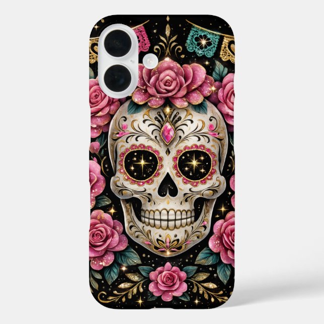 iPhone 16 Funda de teléfono de cráneo de azúcar Glam – Día d (Reverso )