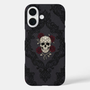 iPhone 16 Funda de teléfono de cráneo y rosas damasco victor