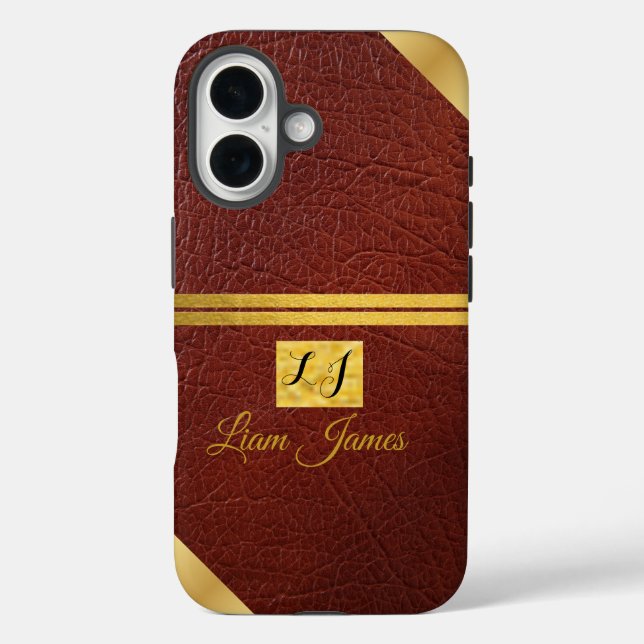 iPhone 16 Funda de teléfono de cuero marrón elegante con mon (Reverso )