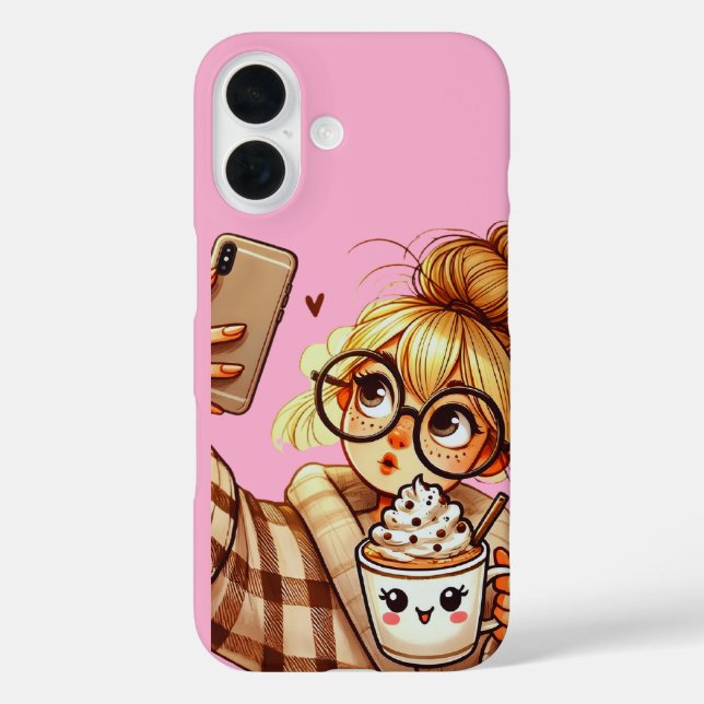 iPhone 16 Funda de teléfono de dibujo animado lindo tomando  (Reverso )