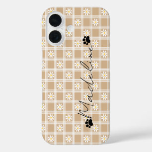 iPhone 16 Funda de teléfono de flores a cuadros marrones per