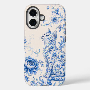 iPhone 16 Funda de teléfono de gato de porcelana azul floral