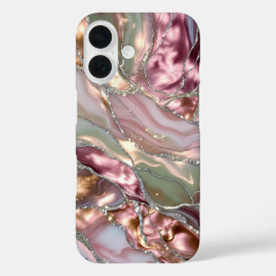 iPhone 16 Funda de teléfono de mármol Blush Sage dorada de l