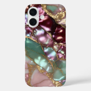 iPhone 16 Funda de teléfono de mármol burdeos verde azulado
