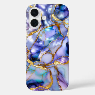 iPhone 16 Funda de teléfono de mármol lila azul dorado de lu