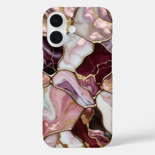 iPhone 16 Funda de teléfono de mármol rosa Burdeos dorado de