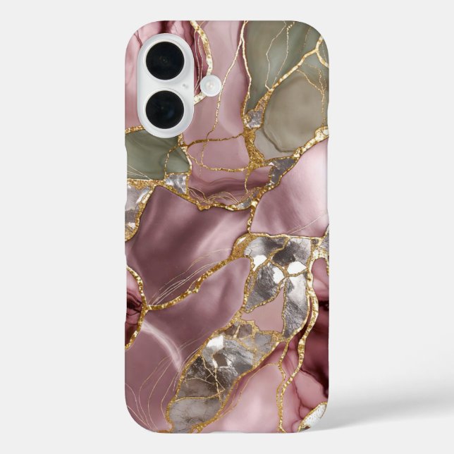 iPhone 16 Funda de teléfono de mármol rosado dorado de lujo  (Reverso )