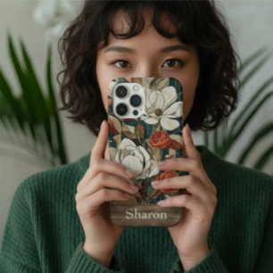 iPhone 16 Funda de teléfono de vidrio emplomado floral con p