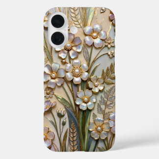 iPhone 16 Funda de teléfono de vidrio emplomado floral perla