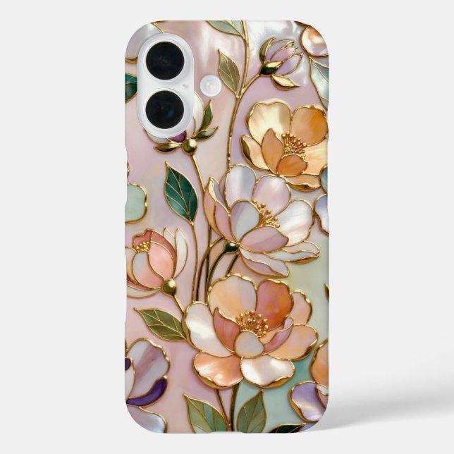 iPhone 16 Funda de teléfono de vidrio pintado con flores de  (Reverso )