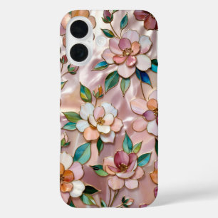 iPhone 16 Funda de teléfono de vidrio pintado floral rosa el