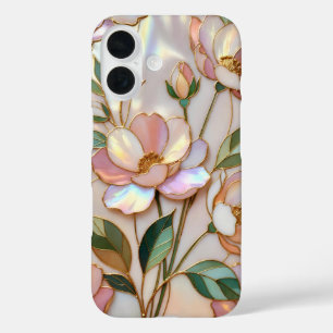 iPhone 16 Funda de teléfono de vidrio tintado floral con rub