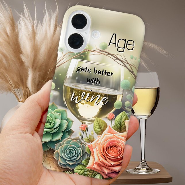 iPhone 16 Funda de teléfono de vino blanco floral chic diver (Funny phone case featuring a glass of white wine with roses and succulents)