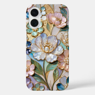 iPhone 16 Funda de teléfono estilo vidrio emplomado floral e