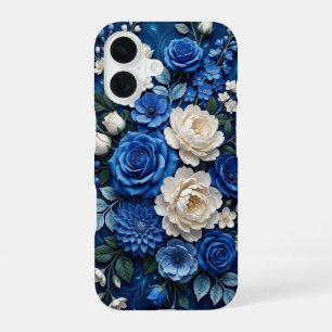 iPhone 16 Funda de teléfono floral azul y blanco, Funda para