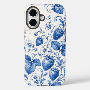 iPhone 16 Funda de teléfono floral de fresa chinoiserie azul