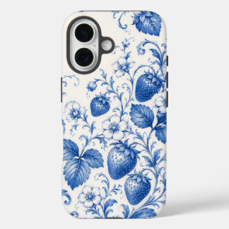 iPhone 16 Funda de teléfono floral de fresa chinoiserie azul