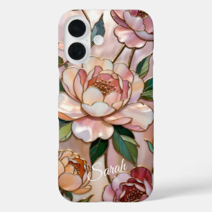 iPhone 16 Funda de teléfono floral de peonía personalizada E