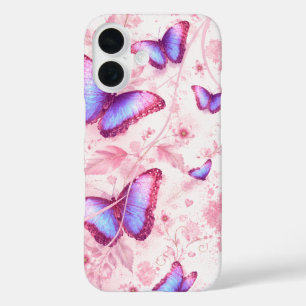 iPhone 16 Funda de teléfono floral mariposa rosa.