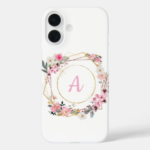 iPhone 16 Funda de teléfono geométrica dorada con flores ros