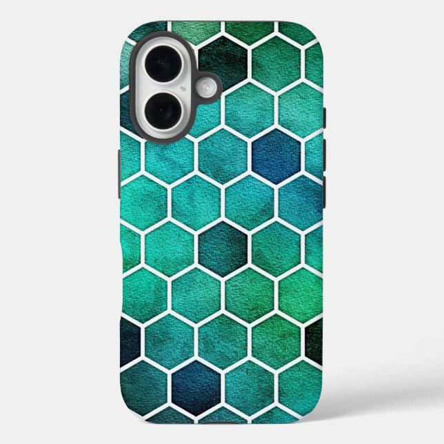iPhone 16 Funda de teléfono hexagonal azul, verde y aqua (Reverso )