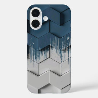iPhone 16 Funda de teléfono hexagonal de Chevron azul y blan