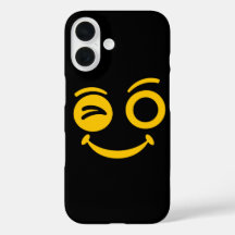 Funda de teléfono negro con cara sonriente guiñand