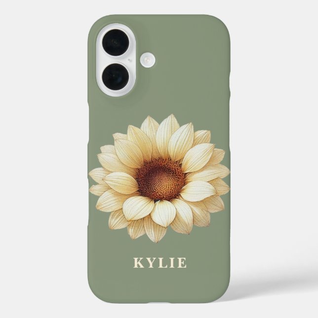 iPhone 16 Funda de teléfono verde sage con nombre de girasol (Reverso )