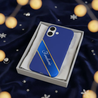 iPhone 16 Funda elegante personalizada azul y dorado para iP
