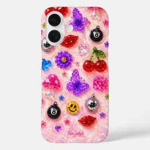 iPhone 16 Funda para teléfono con amuleto de gelatina rosa  