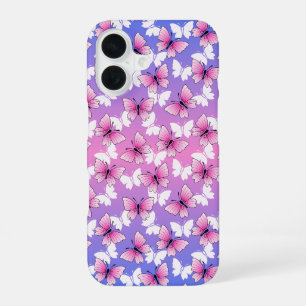 iPhone 16 Funda para teléfono de mariposa rosa y blanca boni