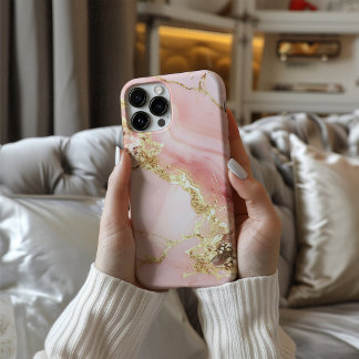 iPhone 16 Funda para teléfono de mármol rosa y dorado Blush 