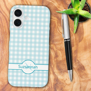 iPhone 16 Funda personalizada con cuadros de gingham azul y
