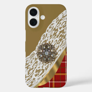 iPhone 16 Funda y encaje tártaro rojo y dorado