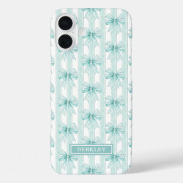 iPhone 16 Plus Funda con lazos Coquette Aqua sobre rayas con mono