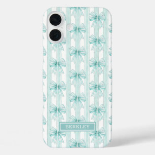 iPhone 16 Plus Funda con lazos Coquette Aqua sobre rayas con mono