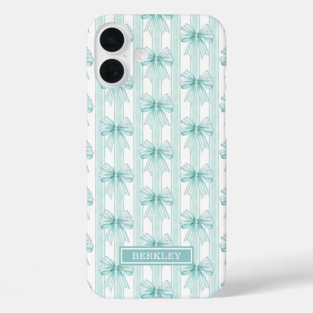 iPhone 16 Plus Funda con lazos Coquette Aqua sobre rayas con mono (Reverso )