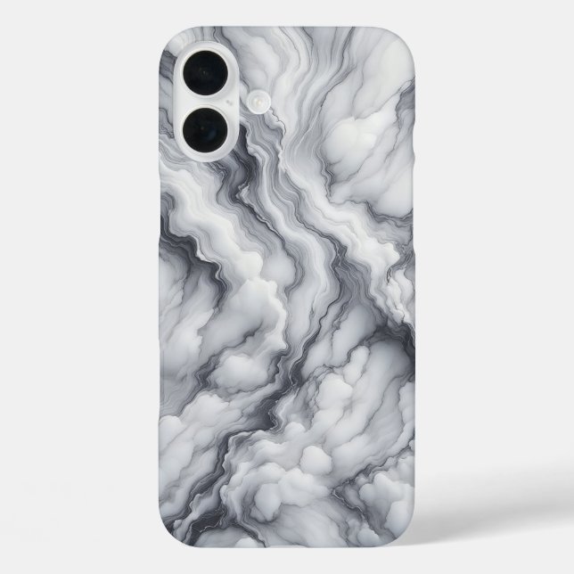iPhone 16 Plus Funda de mármol blanco y gris de lujo: flujo dramá (Reverso )
