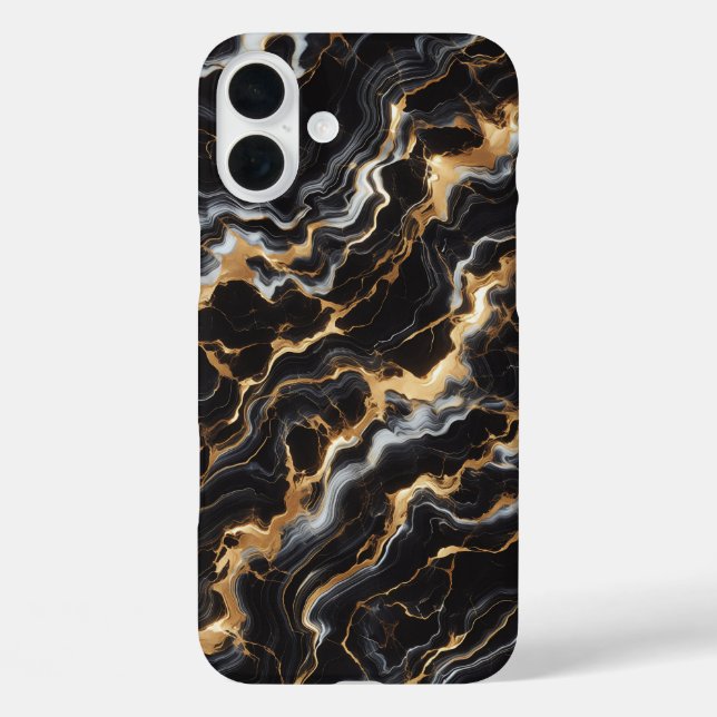 iPhone 16 Plus Funda de mármol negro de lujo - Elegante oro y bla (Reverso )