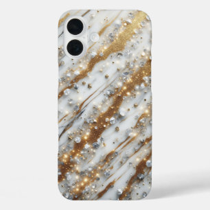 iPhone 16 Plus Funda de teléfono de mármol blanco de lujo con oro