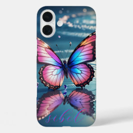 iPhone 16 Plus Funda monogramado de mariposa de gradiente moderno